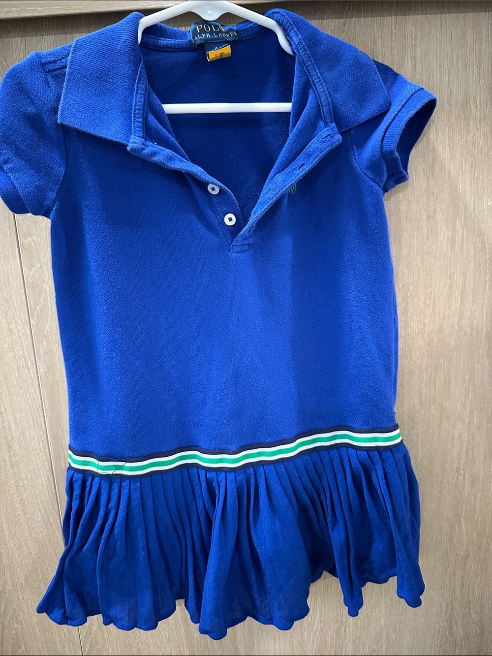 Ralph Lauren Blue Polo Pleated Waist Dress with Striped Trim